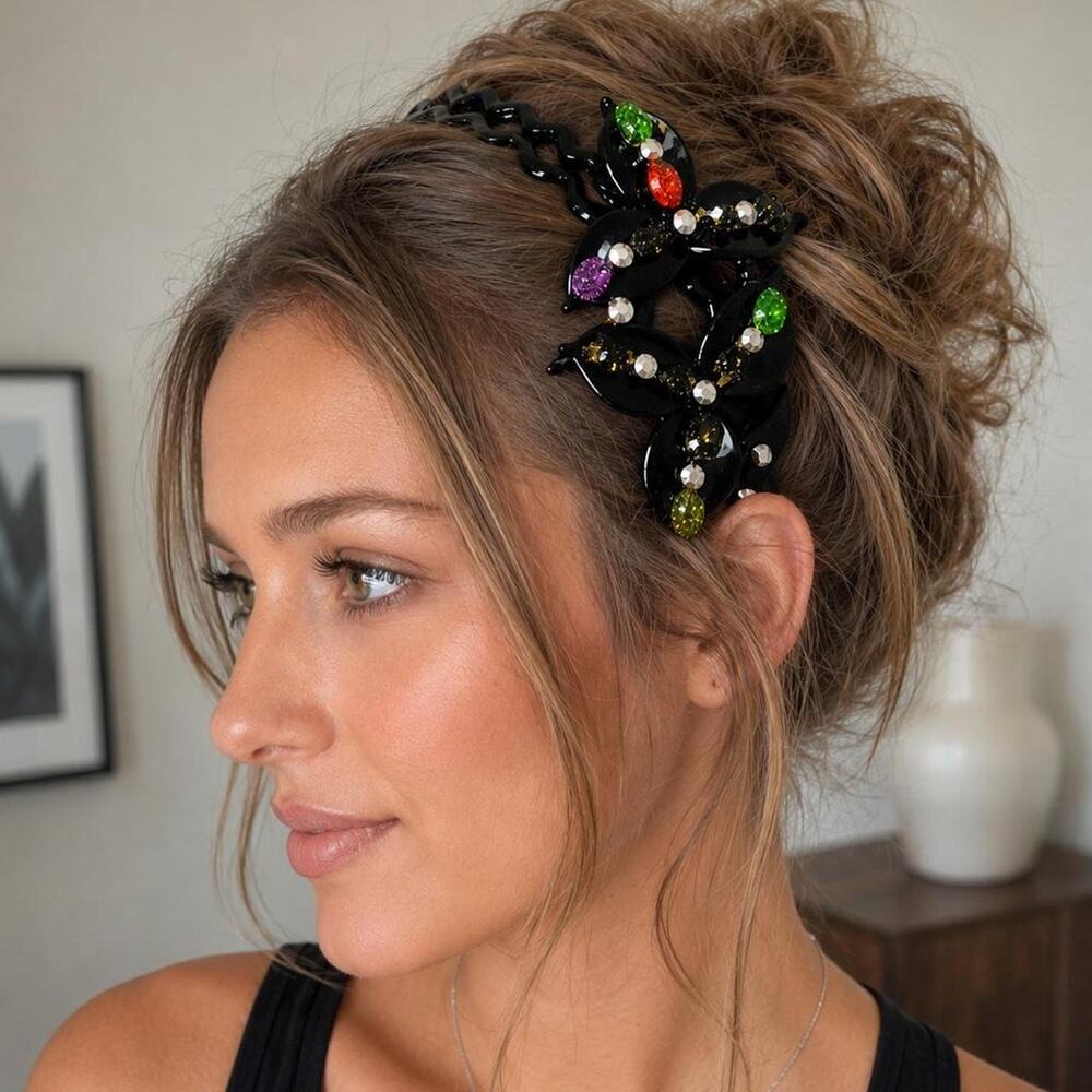 Black Jeweled Floral Statement Headband Rhinestone Crystal Hair Accessory